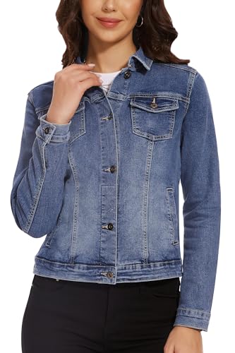 Women's Casual Long Sleeve Stretch Denim Jacket Boyfriend Button Up Jean Jackets with Pockets