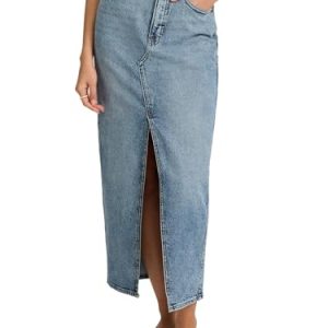 Women’s Maxi Denim Skirt – High Waisted Stretch Jean Skirt with Front Slit – Medium Wash