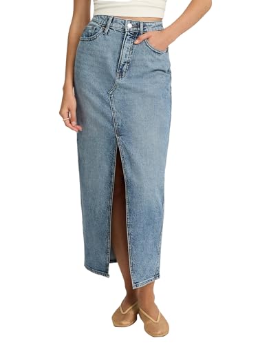 Women’s Maxi Denim Skirt – High Waisted Stretch Jean Skirt with Front Slit – Medium Wash