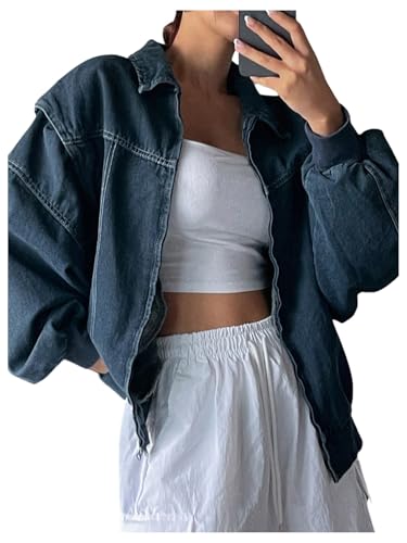Women's Zip Up Denim Jacket Long Sleeve Oversized Jean Jacket Outerwear
