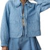 41ijescR1GL.jpg Womens Denim Jacket Casual Long Sleeve Peter Pan Collar Denim Shirts Tie Front Shacket Loose Fit Top