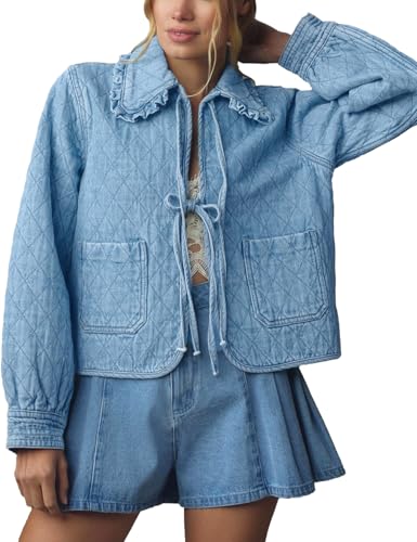41ijescR1GL.jpg Womens Denim Jacket Casual Long Sleeve Peter Pan Collar Denim Shirts Tie Front Shacket Loose Fit Top