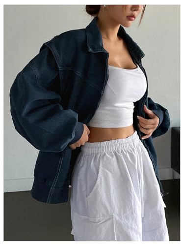 Women's Zip Up Denim Jacket Long Sleeve Oversized Jean Jacket Outerwear