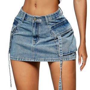 Womens Cargo Skirt Low Waist Button Denim Mini Skirt Summer Y2k Jean Skirt with Flap Pockets