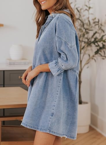 Womens Smocked 3 4 Sleeve Button Down Denim Jeans Dresses