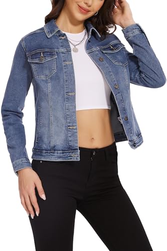 Women's Casual Long Sleeve Stretch Denim Jacket Boyfriend Button Up Jean Jackets with Pockets