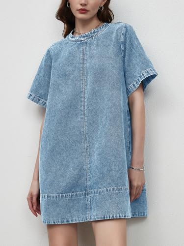 Denim Dress for Women Summer Casual Short Sleeve Chambray Mini Jean Dresses with Pockets