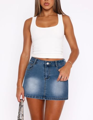 41oT4mAW4XL.jpg Jean Skirts for Women Denim - Casual Mid Waisted Stretch Short Mini Skirt
