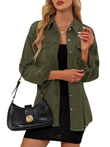Womens Oversized Button Down Frayed Hem Denim Shacket Casual Long Sleeve Jean Jackets 2025 Spring Outfits
