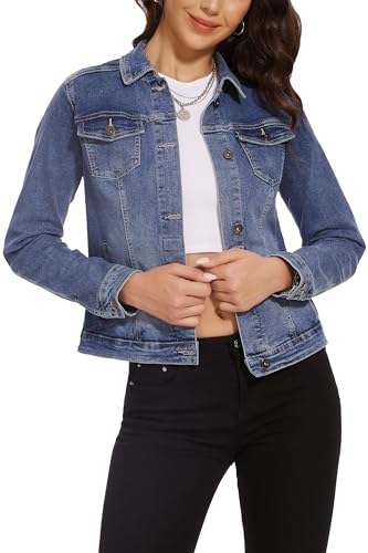 Women's Casual Long Sleeve Stretch Denim Jacket Boyfriend Button Up Jean Jackets with Pockets