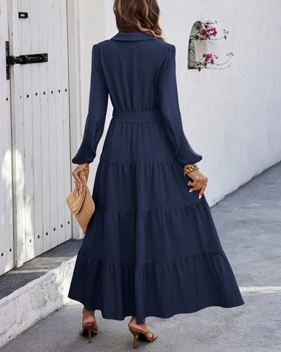 Women's Long Sleeve Dress 2025 Button Down Belted A-Line Flowy Fall Outfits Ruffle Maxi Holiday Party Dresses