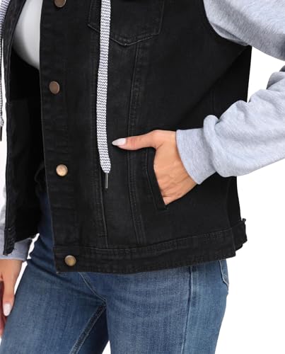 Women's Classic Casual Hooded Denim Jacket Drawstring Vintage Washed Jean Jacket Sweatshirt with Pockets