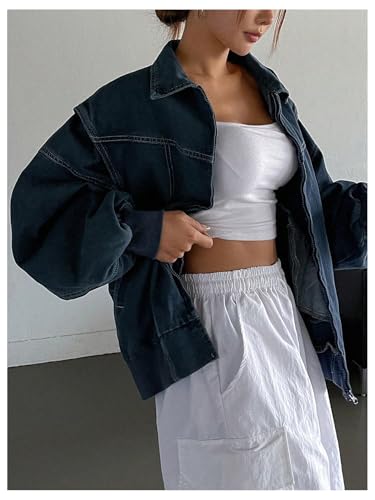 Women's Zip Up Denim Jacket Long Sleeve Oversized Jean Jacket Outerwear