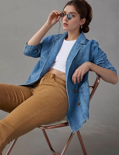 Womens Long Denim Jacket Button Up Blazer Oversized Notched Lapel Casual Jean Shacket Coat