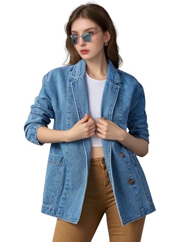 Womens Long Denim Jacket Button Up Blazer Oversized Notched Lapel Casual Jean Shacket Coat