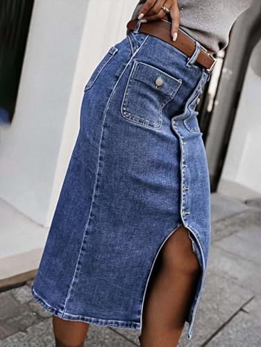 Straight High Rise Vintage Embroidered Botton Fly Split Thigh Midi Denim Skirt