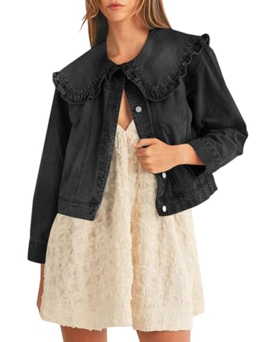 41uKRTAdKlL.jpg Takaneo Womens Denim Jacket Peter Pan Collar Cute Cropped Long Sleeve Shirts Jean Coat with Pockets