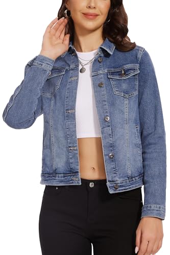 Women's Casual Long Sleeve Stretch Denim Jacket Boyfriend Button Up Jean Jackets with Pockets