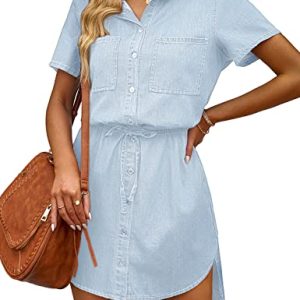 41uY67x8FL.jpg Women Casual Denim Dress Short Sleeve Tie Waist Classic Jean Shirt Dress