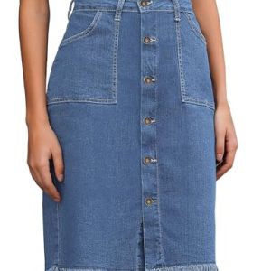 Jean Skirts for Women Button Down Distressed Raw Hem Casual Summer Stretchy Knee Length Denim Skirt with Pockets