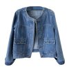 Women’s Collarless Long Sleeve Denim Jacket Round Neck Button Down Jean Jackets