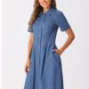 41vuou13GSL.jpg Denim Dress for Women's Collared Short Sleeve A-Line Button Up Jean Midi Dresses