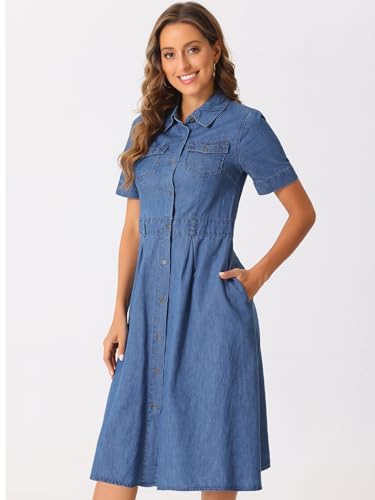 41vuou13GSL.jpg Denim Dress for Women's Collared Short Sleeve A-Line Button Up Jean Midi Dresses
