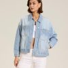 Women's Blue Jean Jacket Oversized Distressed Button Down Denim Jacket Vintage Long Sleeve Soft Boyfriend Coat