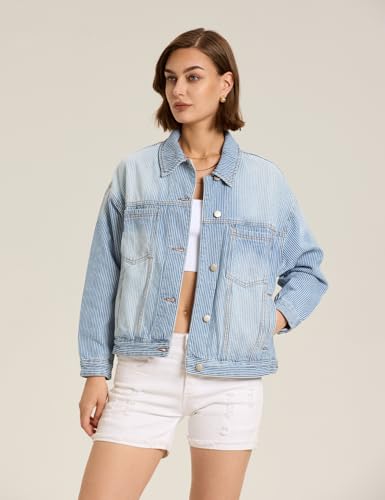 Women's Blue Jean Jacket Oversized Distressed Button Down Denim Jacket Vintage Long Sleeve Soft Boyfriend Coat