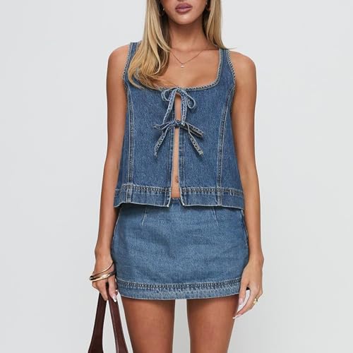 Women’s Tie Front Denim Jean Vest Top and Mini Skirt 2-Piece Set Summer Trendy Going Out Outfits Clothes 2025