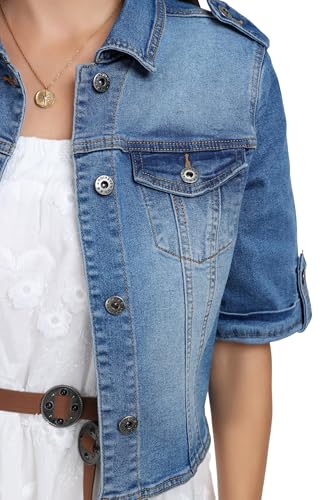 Women's Short Sleeve Stretch Denim Jacket Retro Casual Button Down Cropped Trucker Jean Jackets