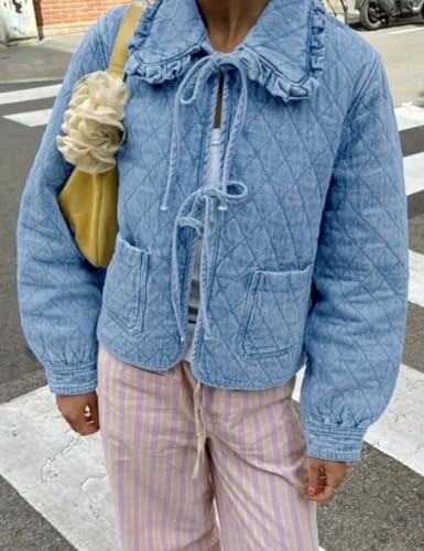 51-kwC-NfXL.jpg Womens Denim Jacket Casual Long Sleeve Peter Pan Collar Denim Shirts Tie Front Shacket Loose Fit Top