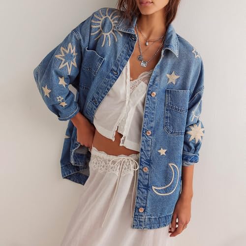 Women's Vintage Oversized Denim Jacket Embroidered Graphic Casual Loose Fit Button Down Jean Jacket