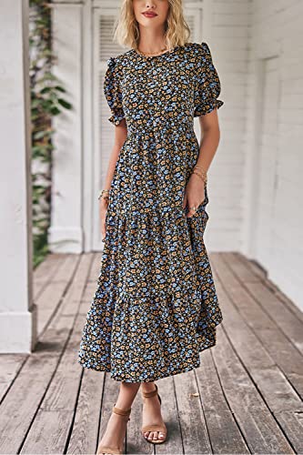Summer Dresses for Women 2025 Casual Floral Boho Midi Sun Dress Puff Short Sleeve Flowy Beach Vacation Sundress