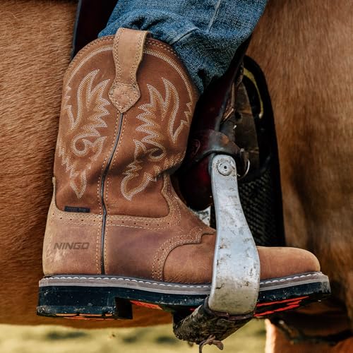 NINGO Steel Toe Work Boots for Men, Waterproof Square Toe Cowboy Boots Slip on, Comfortable Soft Toe Pull on Western Safety Work