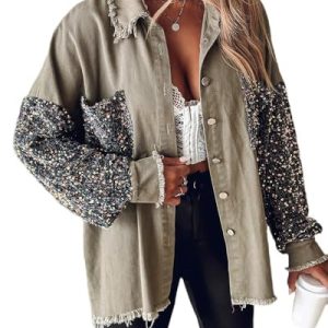 Womens Denim Jacket 2025 Sequin Patchwork Long Sleeve Jackets Top Button Front Oversized Denim Shacket