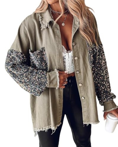 Womens Denim Jacket 2025 Sequin Patchwork Long Sleeve Jackets Top Button Front Oversized Denim Shacket