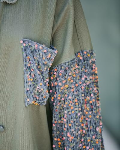 Womens Denim Jacket 2025 Sequin Patchwork Long Sleeve Jackets Top Button Front Oversized Denim Shacket