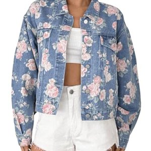 Women's Floral Print Button Down Denim Jacket Long Sleeve Outerwear