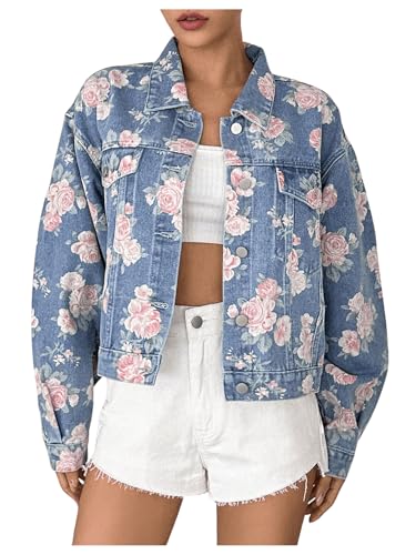Women's Floral Print Button Down Denim Jacket Long Sleeve Outerwear