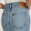 Women’s Maxi Denim Skirt – High Waisted Stretch Jean Skirt with Front Slit – Medium Wash