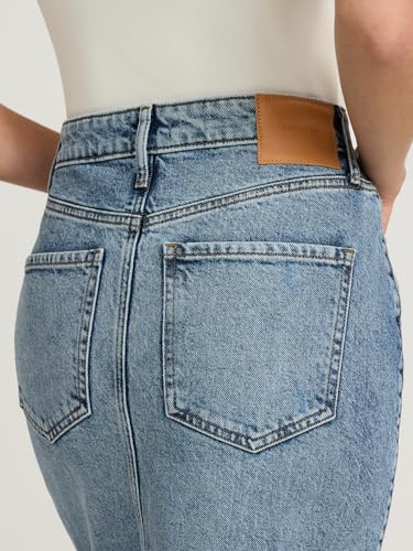 Women’s Maxi Denim Skirt – High Waisted Stretch Jean Skirt with Front Slit – Medium Wash