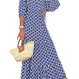 Womens Loose Fit Casual Summer V Neck Half Sleeve Bohemian Geometric Pattern Maxi Long Dresses