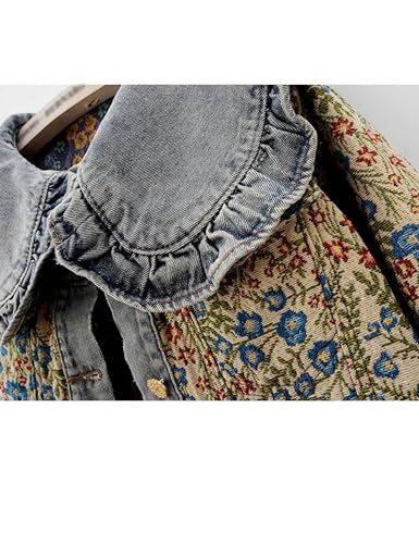 Womens Peter pan Collar Embroidered Jean Jackets Long Sleeve Jacquard Versatile Denim Jackets