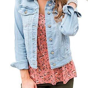 Womens Stretch Button Down Long Sleeve Pockets Denim Jean Trucker Jacket