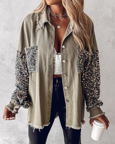 Womens Denim Jacket 2025 Sequin Patchwork Long Sleeve Jackets Top Button Front Oversized Denim Shacket