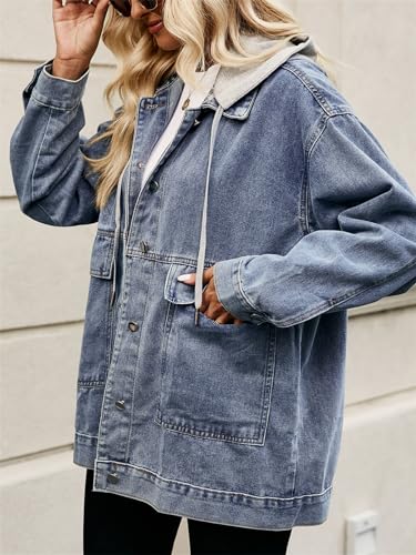 Women's Oversized Denim Jacket Casual Long Sleeve Vintage Jean Jacket Top Coat with Detachable Hood