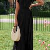 Women's Summer Maxi Dresses Elegant V Neck Ruffle Flutter Sleeves Empire Waist Pleated Flowy Wedding Guest Dress