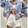 Women's Floral Print Button Down Denim Jacket Long Sleeve Outerwear