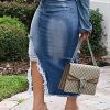 Women's Casual Slit Denim Midi Jean Skirt Stretch High Waisted Button Up Frayed with Pockets